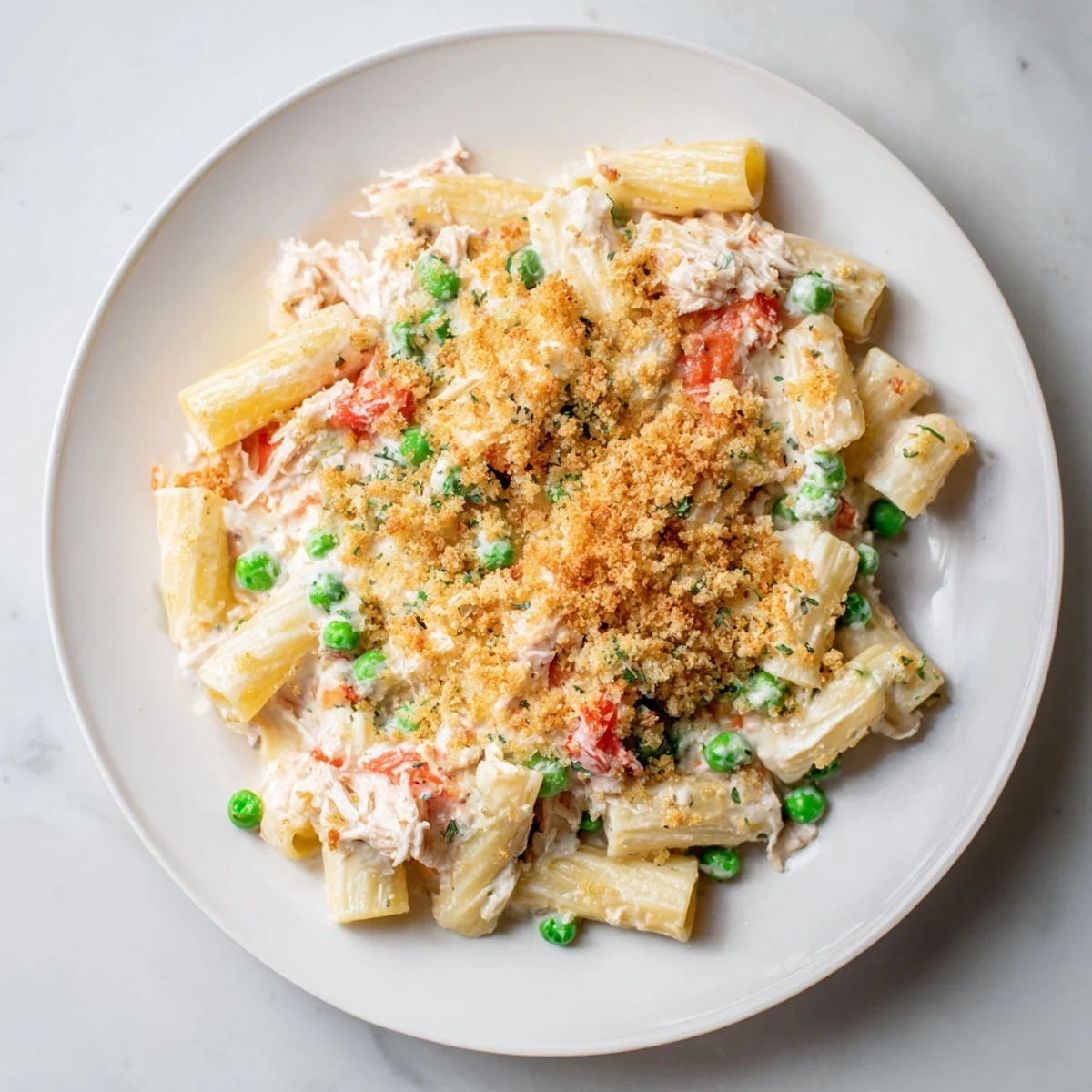Creamy tuna pasta bake, baked with a cheesy, breadcrumb topping, smells delicious.