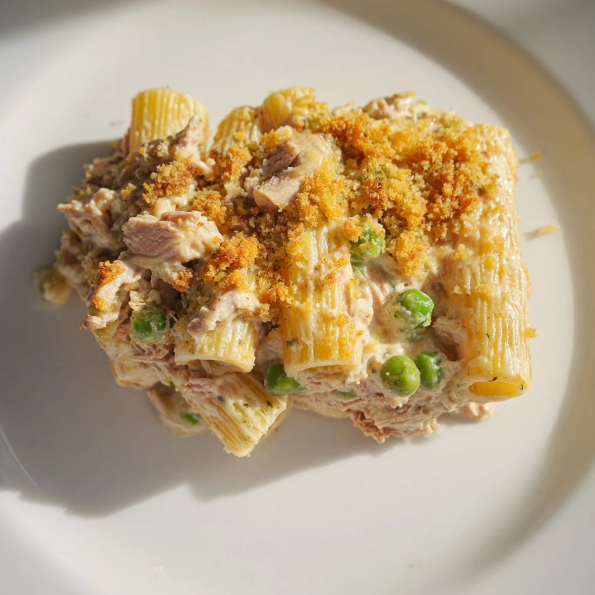 Close-up of a hearty tuna pasta bake, with peas and tomatoes, perfect comfort food.