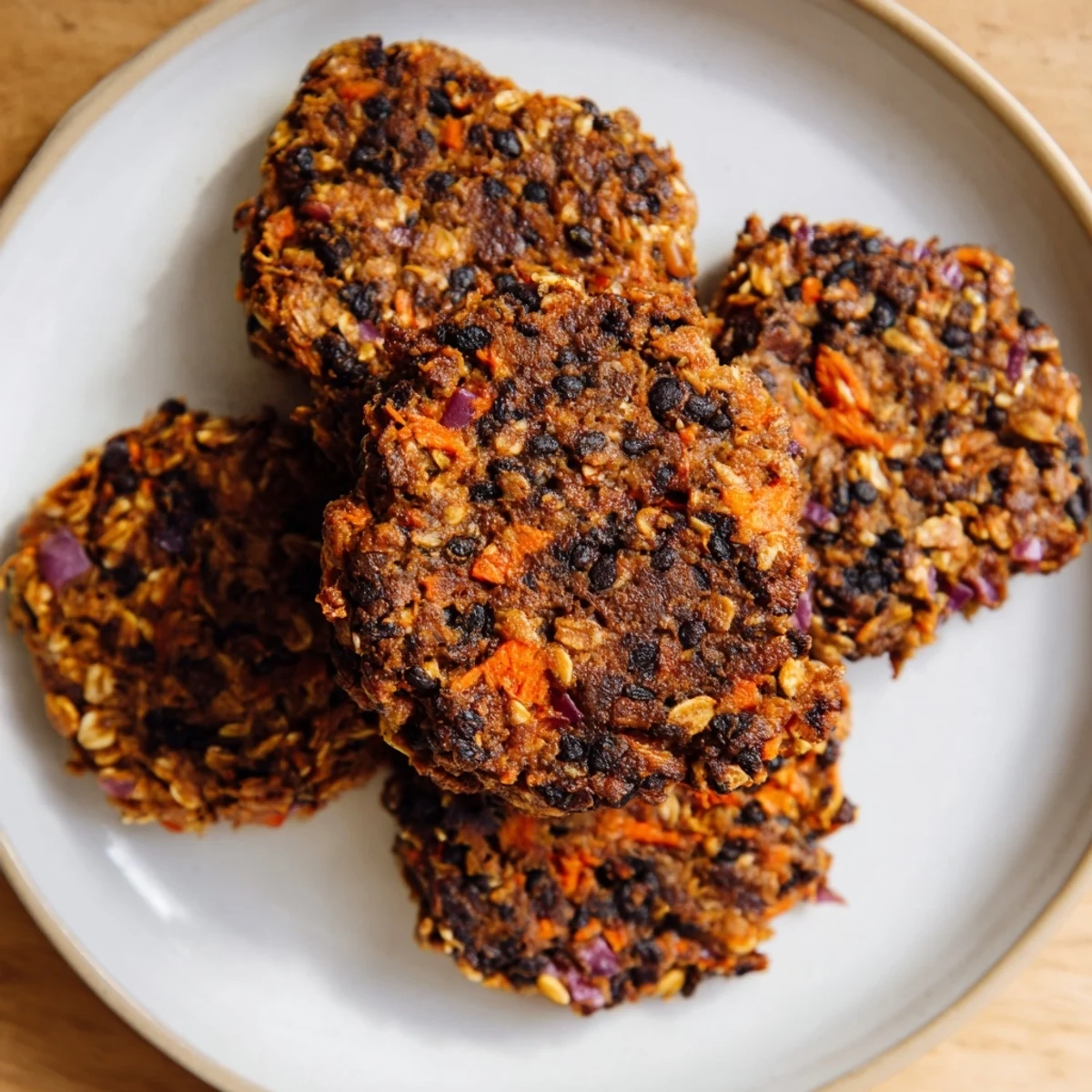 A stack of delicious vegan black bean burgers, cooked until crispy, promising a satisfying bite.