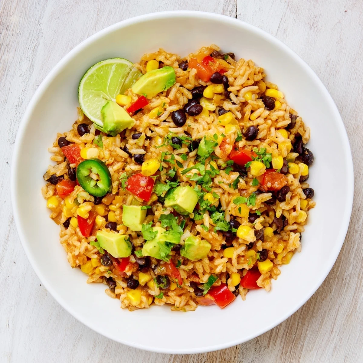 Steaming one-pot Mexican rice and beans, beautifully garnished, ready to be enjoyed with cilantro and lime.