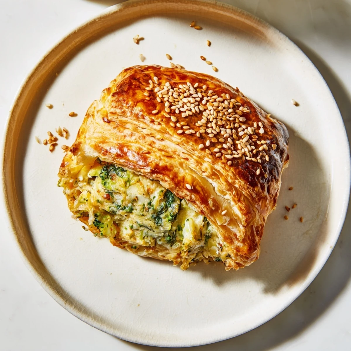 A close-up of a freshly baked Broccoli Cheddar Quiche-less Hand Pie, ready to eat.