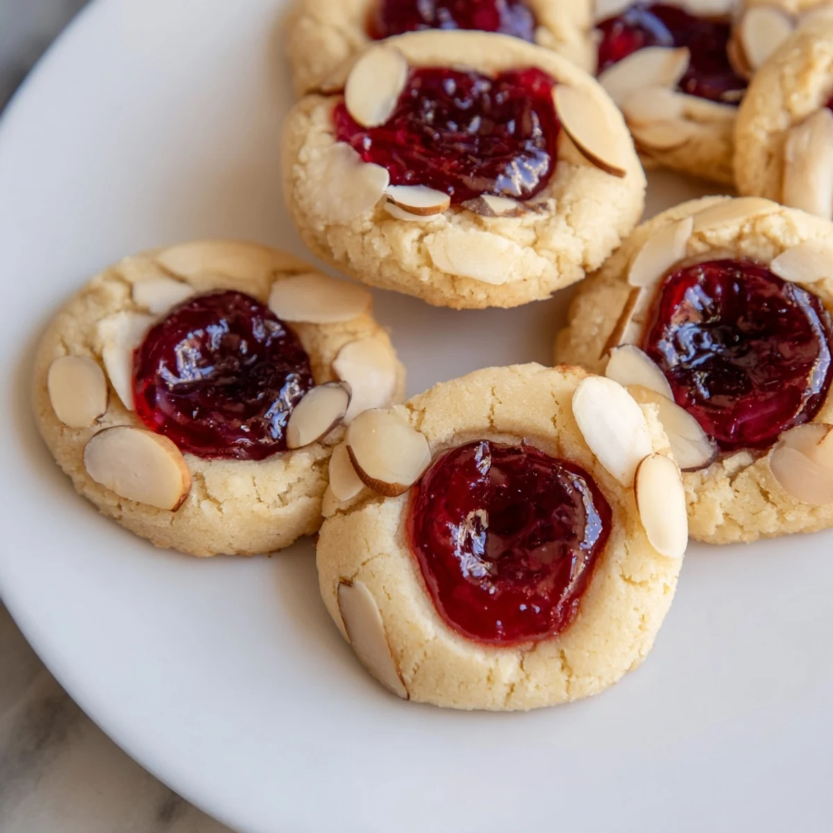 Warm, golden-baked Cherry Almond Thumbprint Cookies, showcasing a jam-filled center and almond garnish.