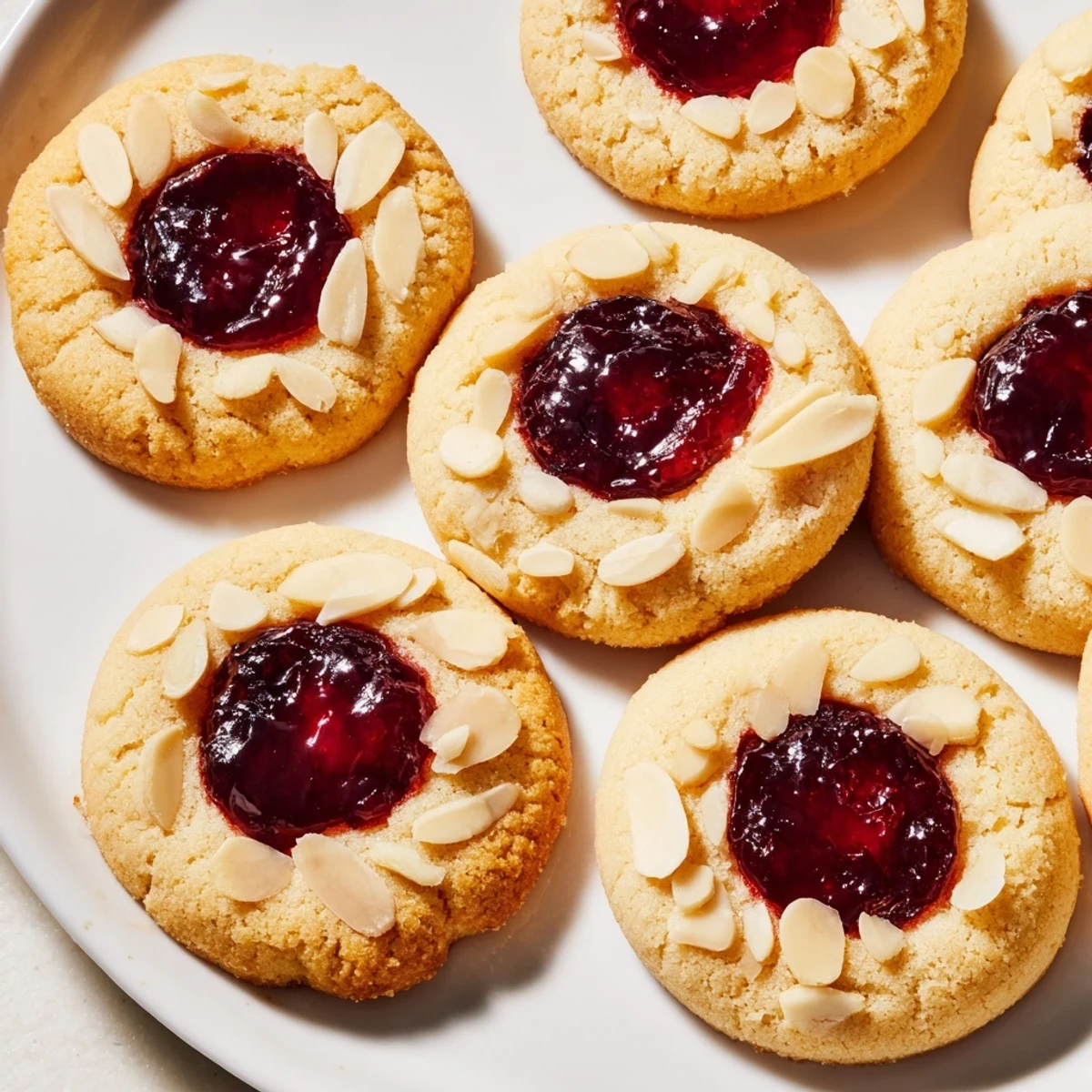 Sweet and buttery Cherry Almond Thumbprint Cookies, perfect for dessert, feature cherry jam centers and almond flavor.