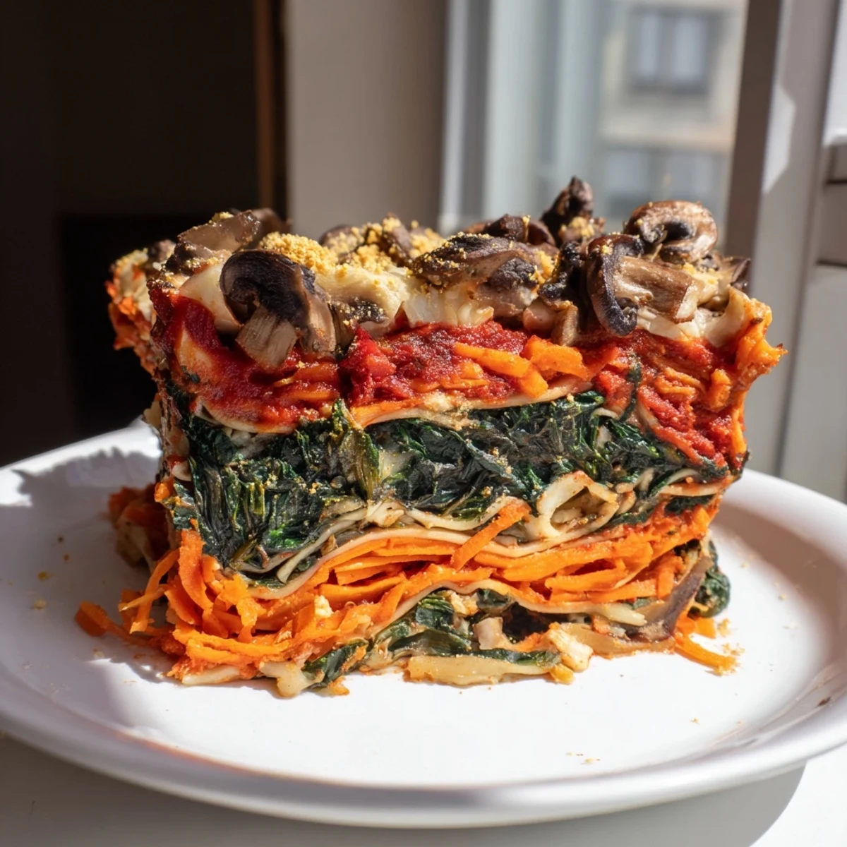 A steaming slice of vegan mushroom spinach lasagna, brimming with savory layers and delicious sauce.