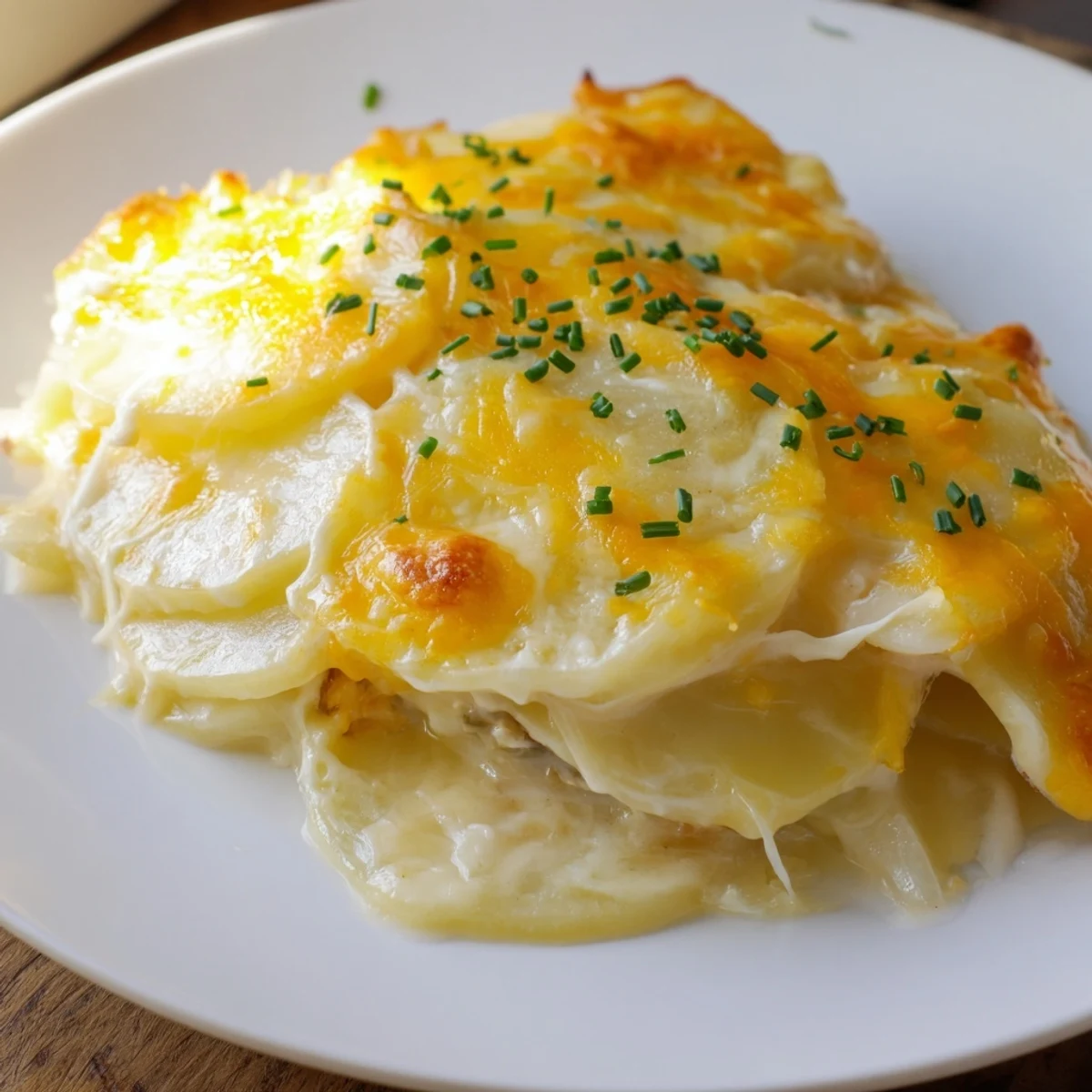 This photo shows a creamy, cheesy casserole of Cheesy Scalloped Potatoes, perfect for family dinners.