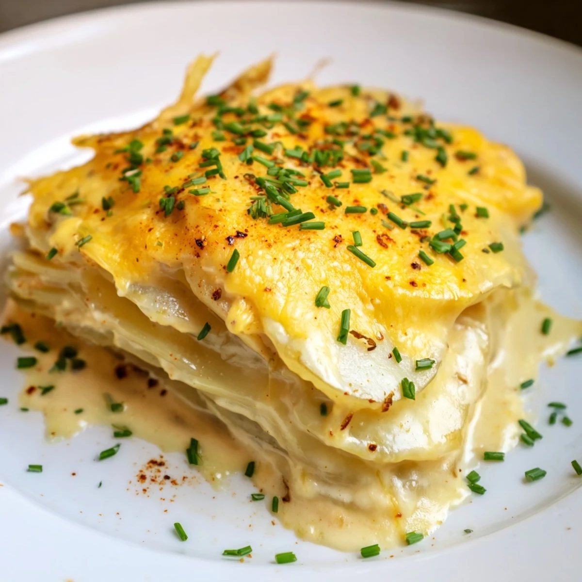 Warm, rich Cheesy Scalloped Potatoes fresh from the oven, featuring layers of tender potatoes and cheese.