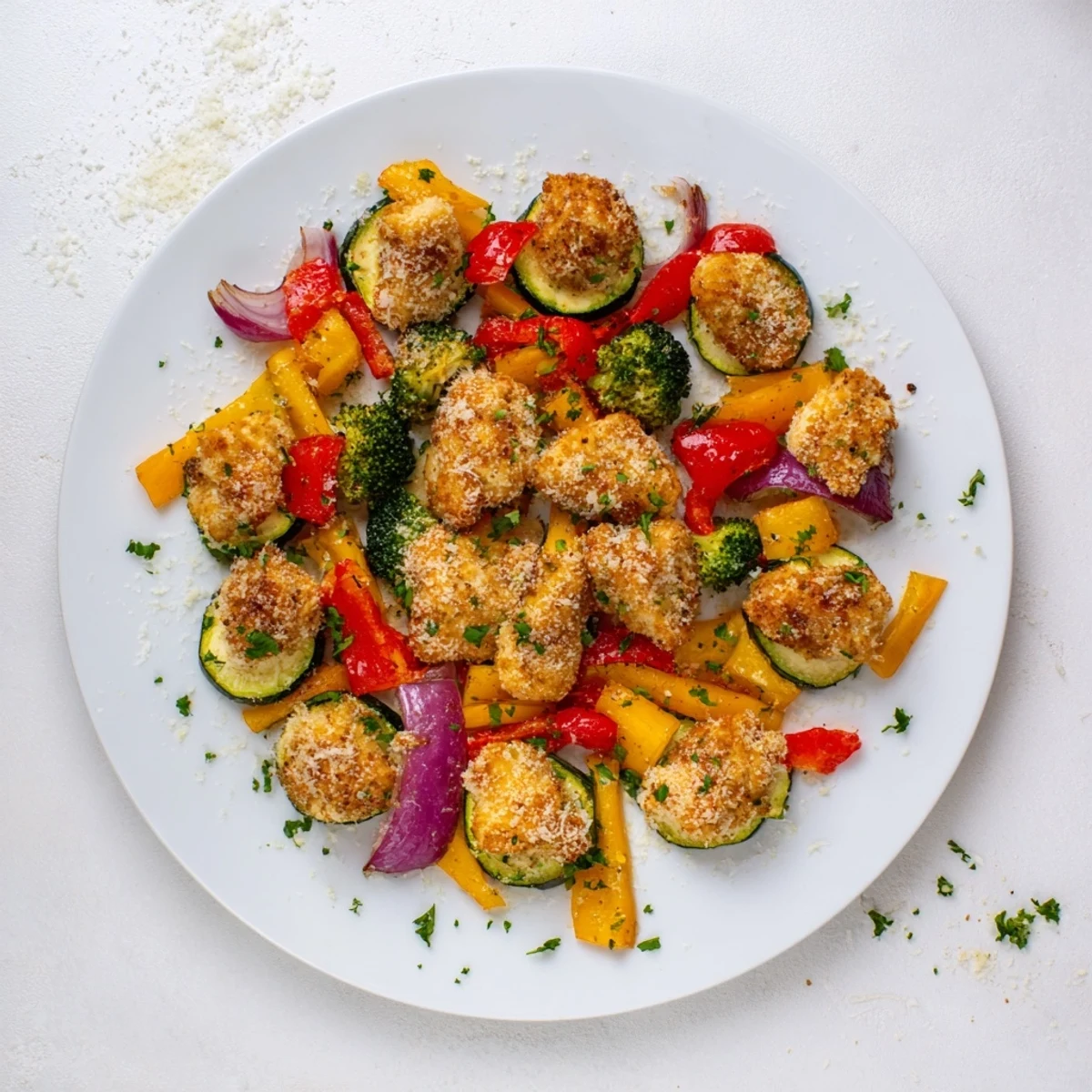 Sheet pan of Garlic Parmesan Chicken Bites; the chicken and vegetables are perfectly roasted.