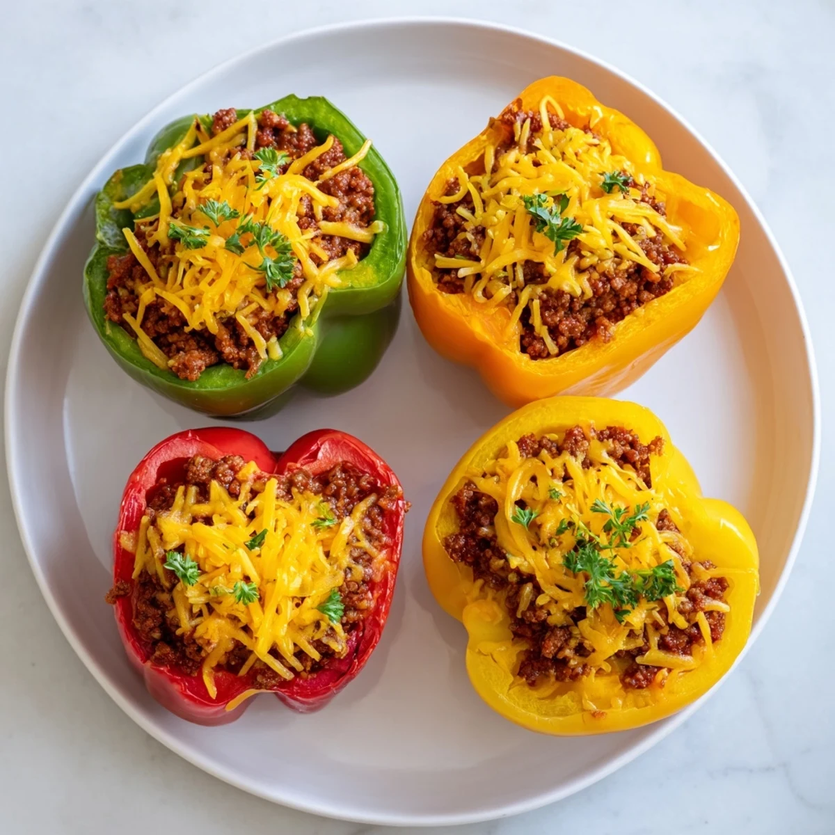 A close-up shot of baked Sloppy Joe Stuffed Bell Peppers, showing bubbly cheese and tender peppers.