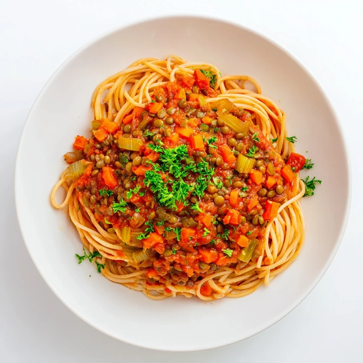 Steaming bowl of Hearty Lentil Bolognese, a rich vegan pasta dish, topped with fresh parsley.