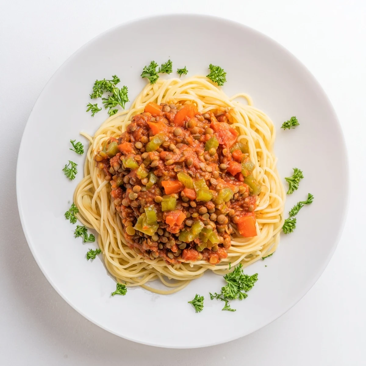 A vibrant close-up showing Hearty Lentil Bolognese over spaghetti, ready to serve with fragrant herbs.