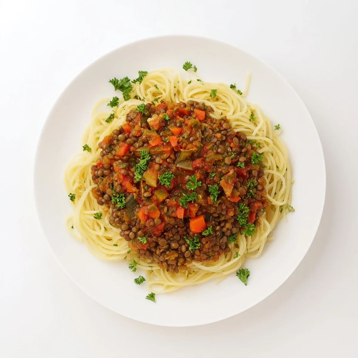 Delicious, plant-based Hearty Lentil Bolognese steaming beside a forkful of perfectly cooked pasta.