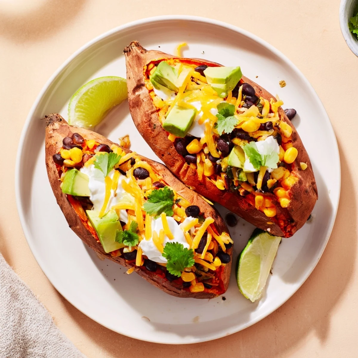 Steaming Loaded Baked Sweet Potatoes, brimming with melted cheese, black beans, and fresh cilantro.