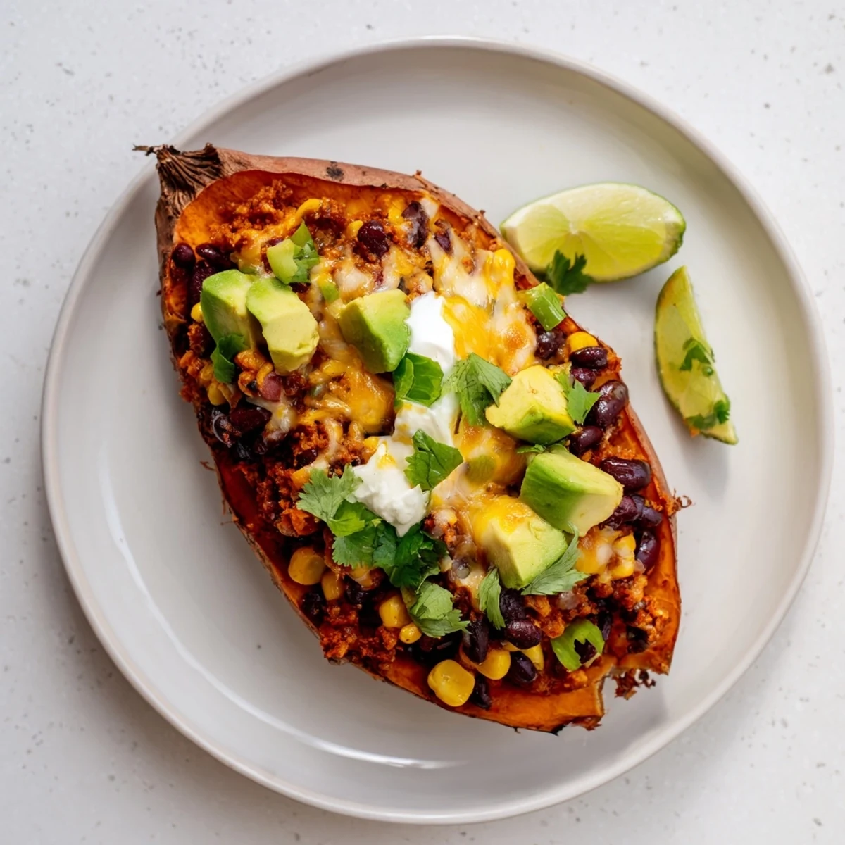 Golden Loaded Baked Sweet Potatoes, topped with creamy avocado, ready for a satisfying, vegetarian meal.