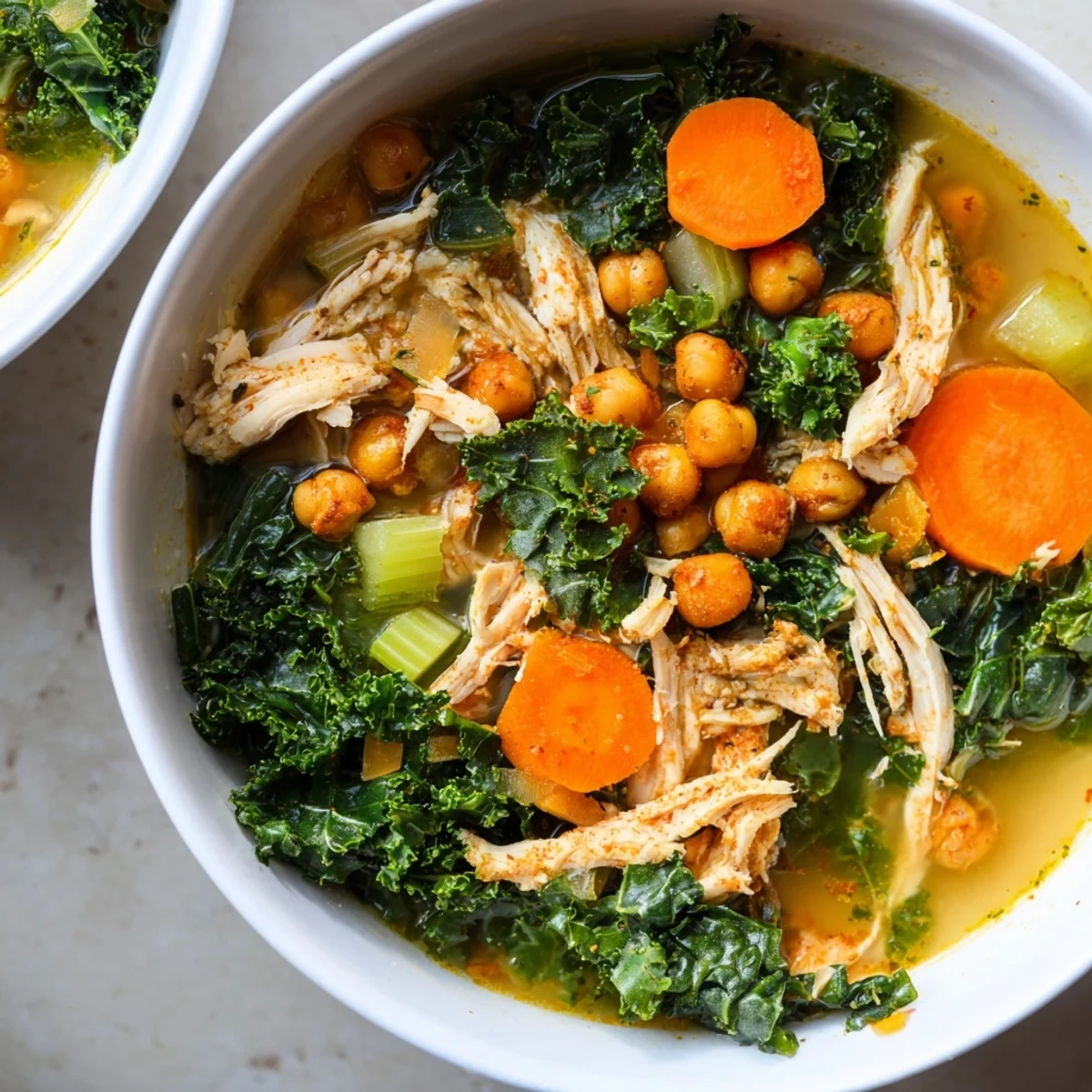 Chicken Kale Soup topped with golden, crunchy chickpeas, a healthy and satisfying bowlful.