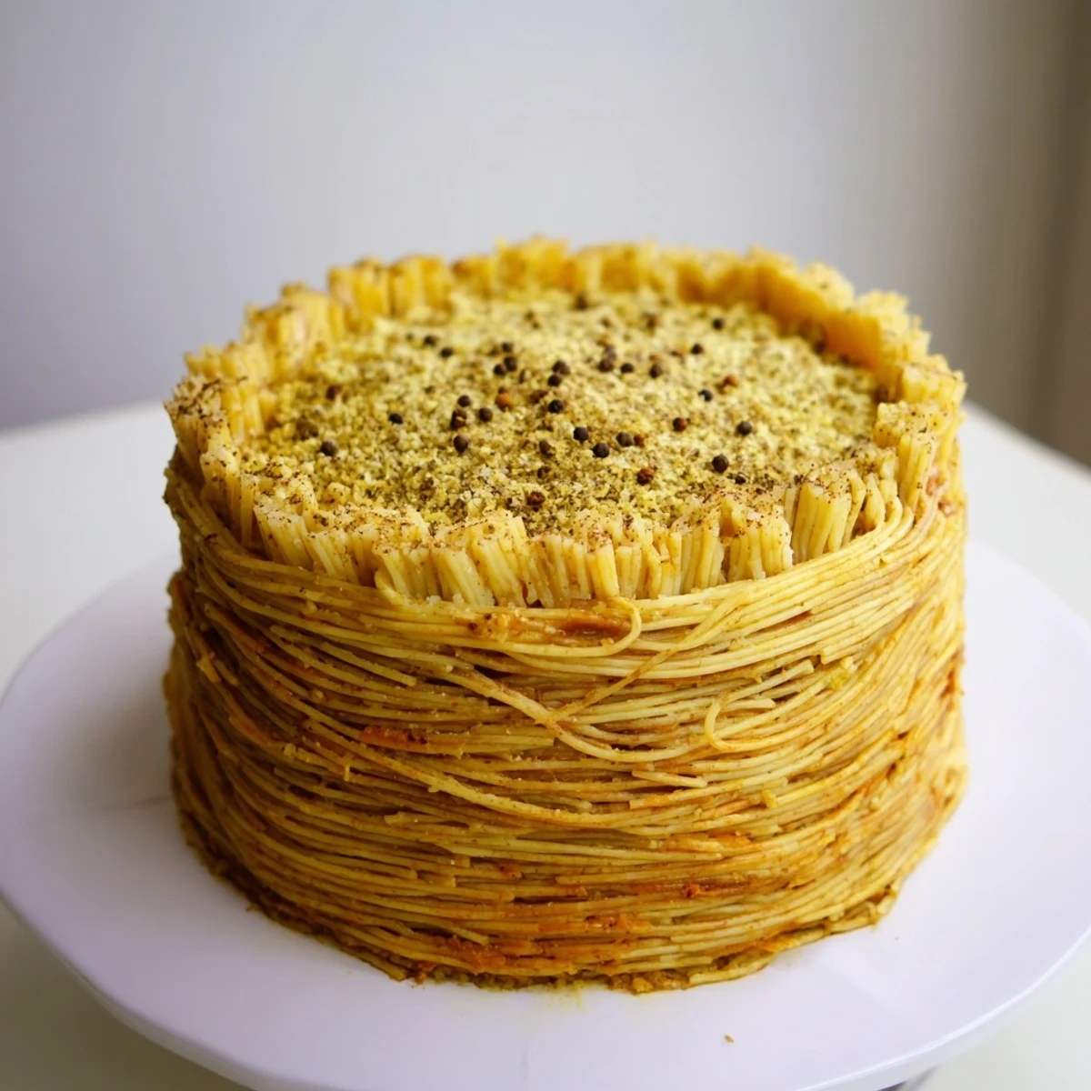 Golden-brown Cacio e Pepe Pasta Pie, crispy outside, full of creamy cheese and pepper.