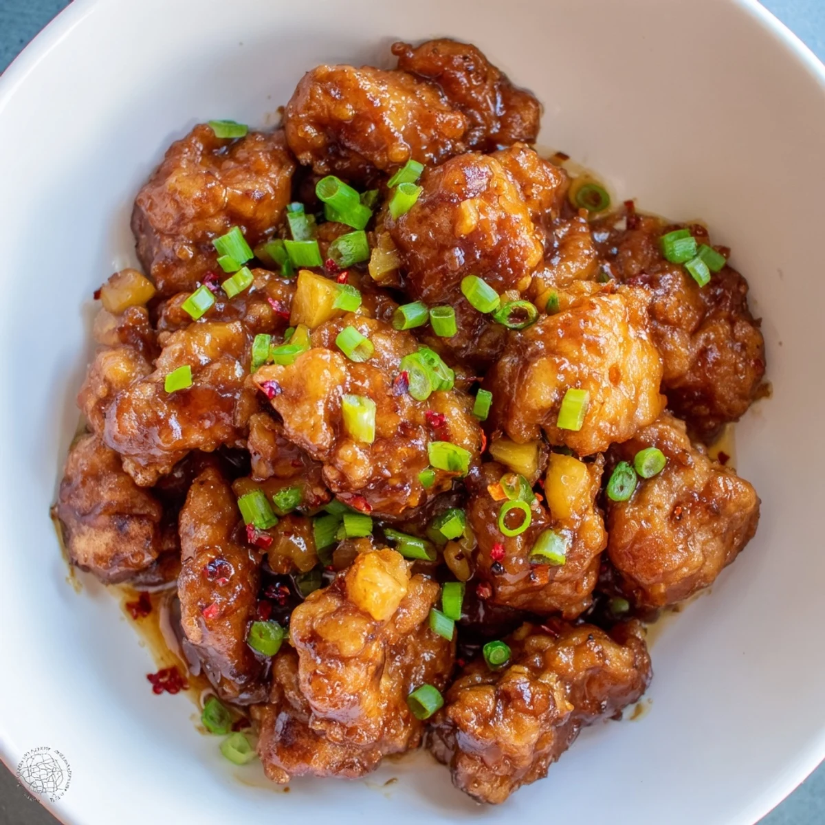 Golden-brown Brown Sugar Pineapple Chicken, glazed and glistening, ready to serve with rice.
