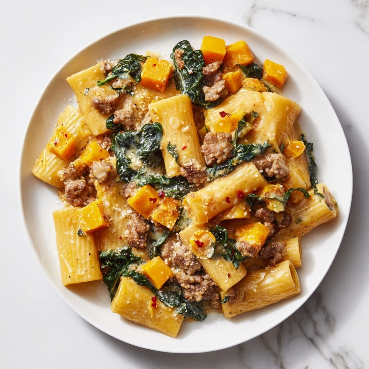 A close-up of Creamy Rigatoni with Butternut Squash and sausage; the creamy sauce coats the rigatoni perfectly.