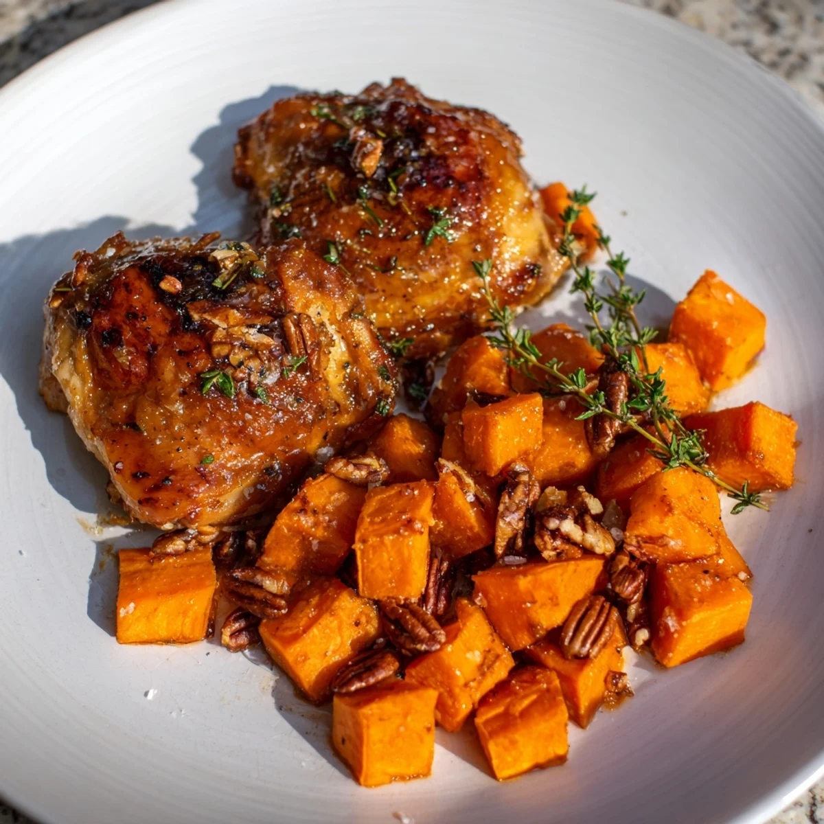 Delicious, glistening maple glazed chicken thighs and roasted sweet potatoes ready to be served.