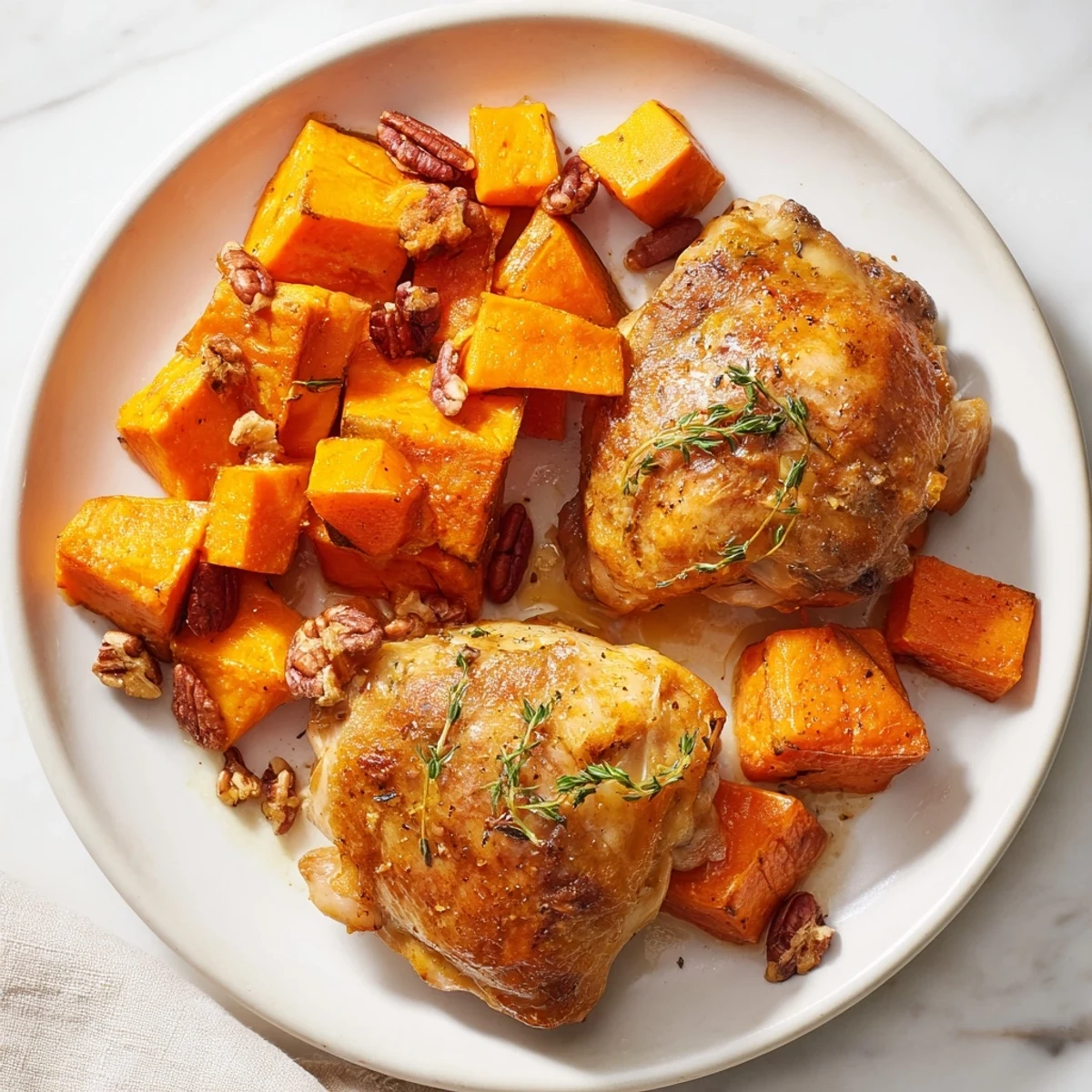 A close-up of savory maple glazed chicken, showcasing the caramelized glaze, served with sweet potatoes.