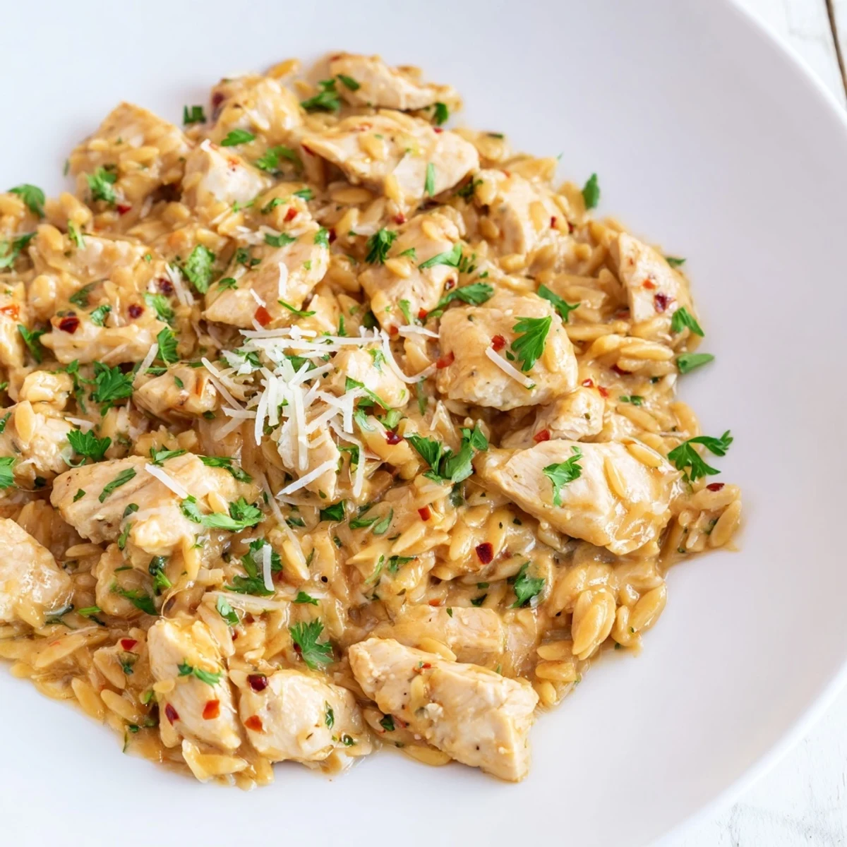 Creamy One-Pot Cajun Chicken Alfredo Orzo with tender chicken and al dente pasta, a flavorful delight.