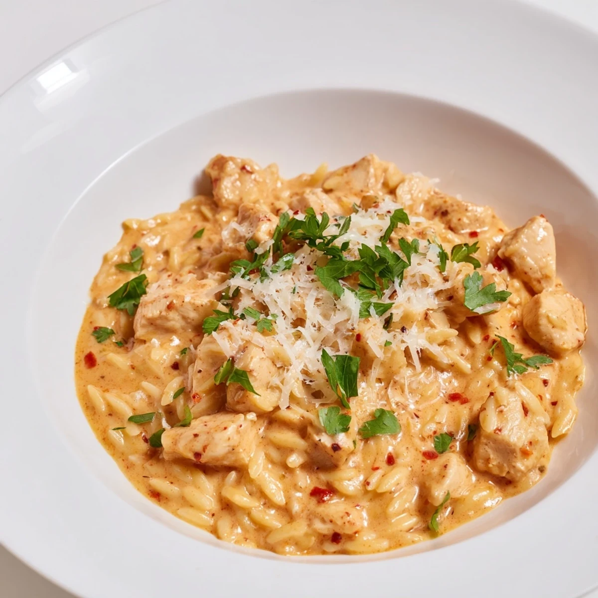 Vibrant photo of One-Pot Cajun Chicken Alfredo Orzo: a quick, satisfying meal with parsley garnish.