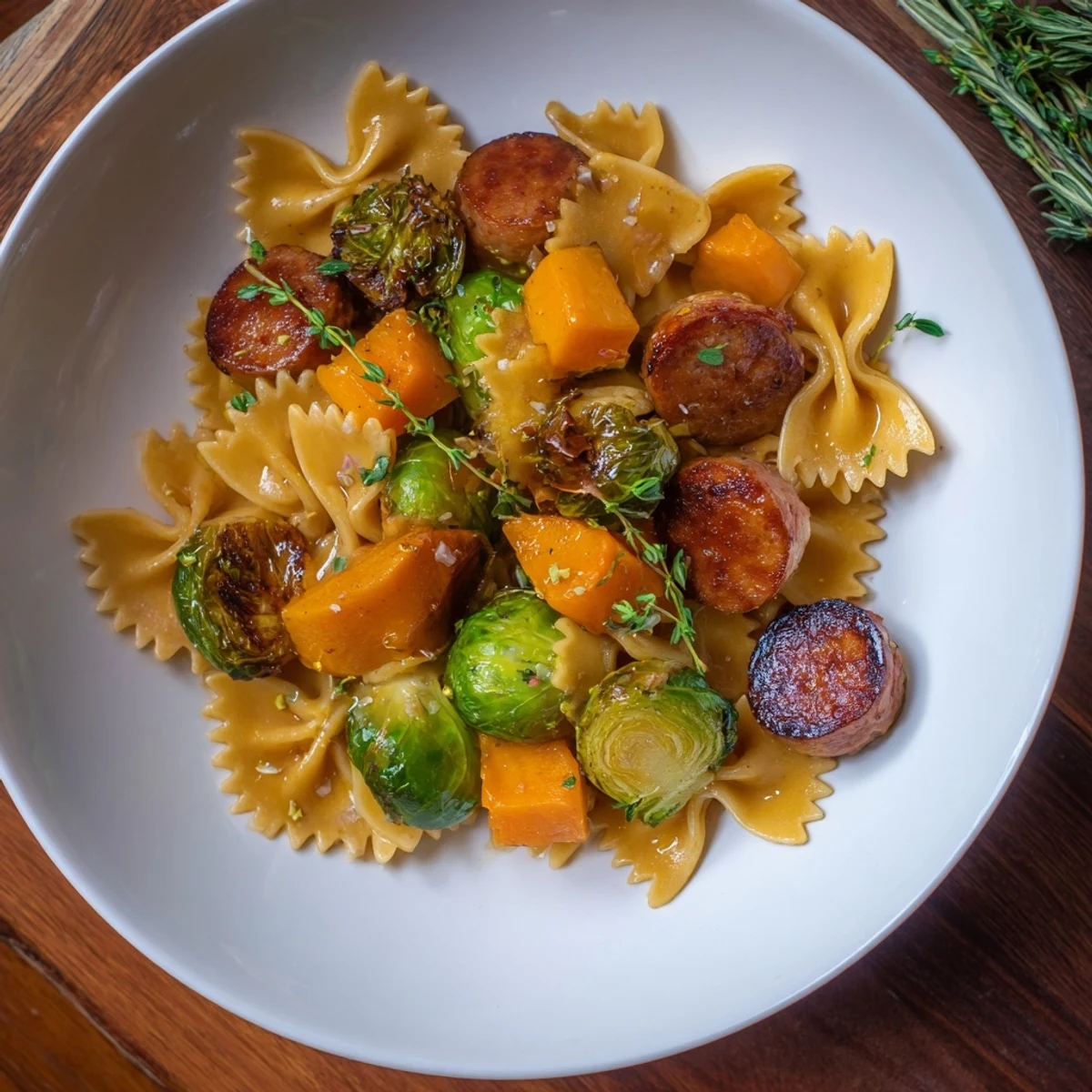 Golden roasted butternut squash and sausage mingle in this inviting Autumn Sausage Pasta dish.