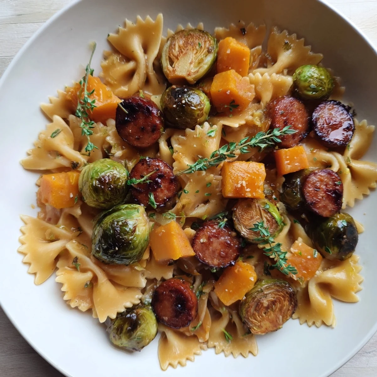 Steaming bowl of Autumn Sausage Pasta with tender bow tie pasta, brussels sprouts, and smoky sausage shown.