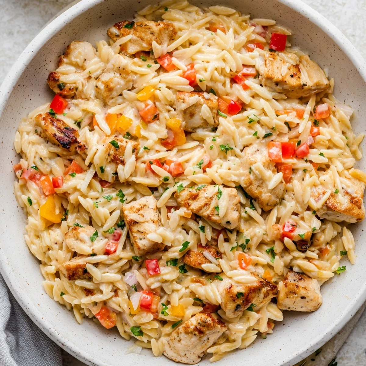 One-Pot Cajun Chicken Alfredo Orzo, a creamy, golden dish, perfectly garnished with herbs and fresh cheese.