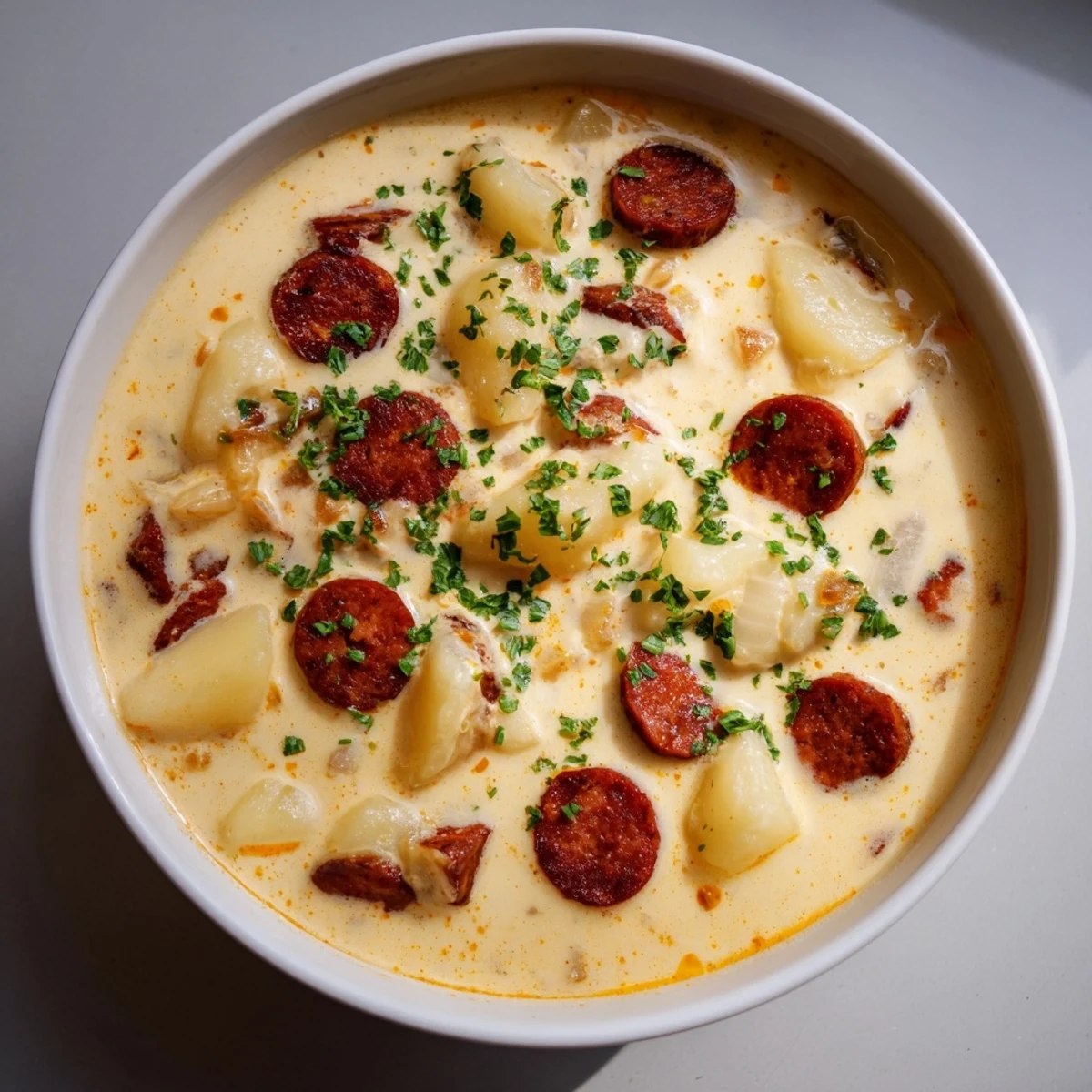 Steaming bowl of Creamy Chorizo Potato Soup, garnished with parsley, a comforting winter meal.