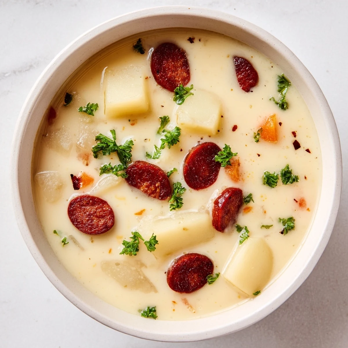 Hearty Creamy Chorizo Potato Soup, served with crusty bread, perfect for a cozy, satisfying dinner.