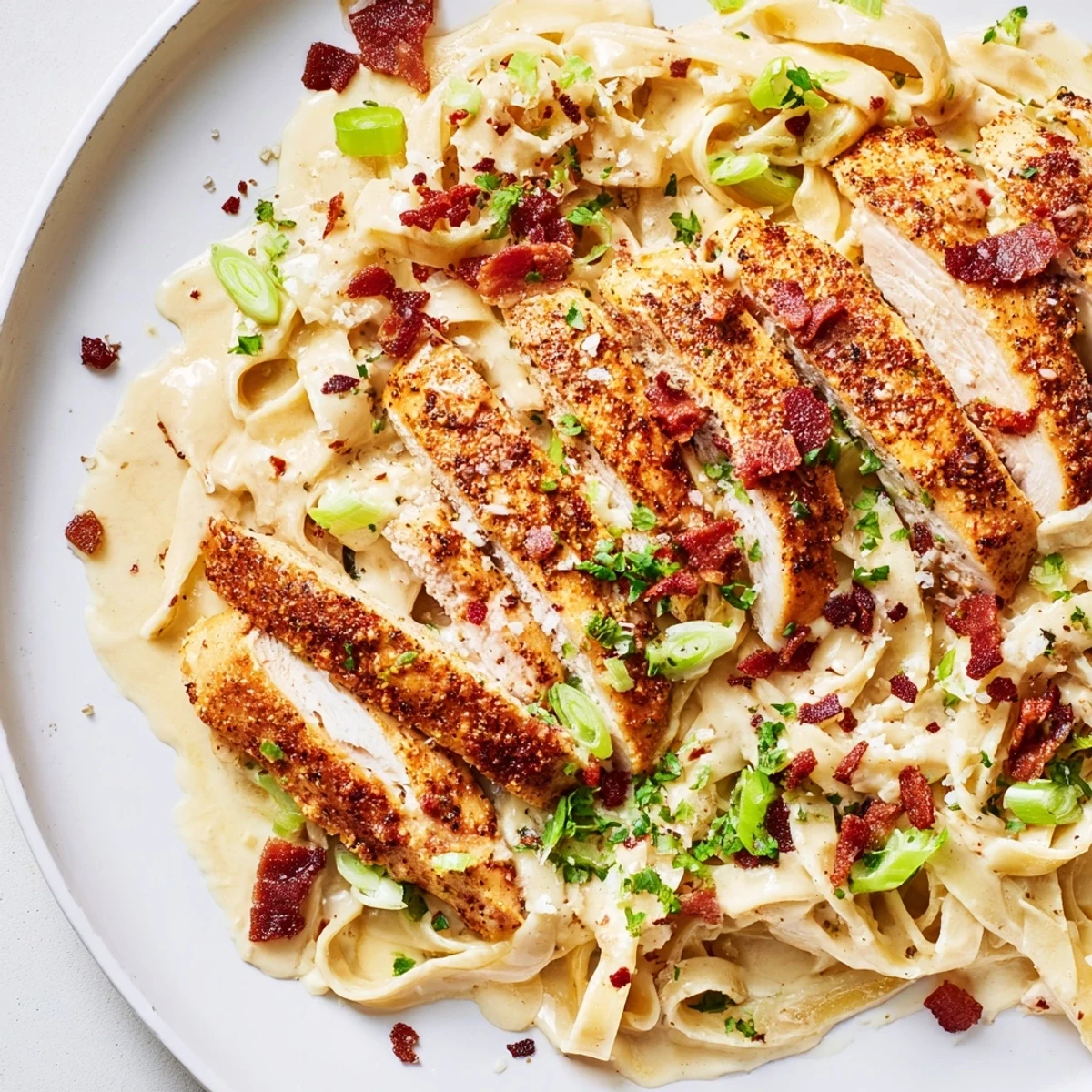 Golden, tender chicken strips crown a plate of this Southern Style Creamy Parmesan Chicken Pasta, rich with creamy sauce.