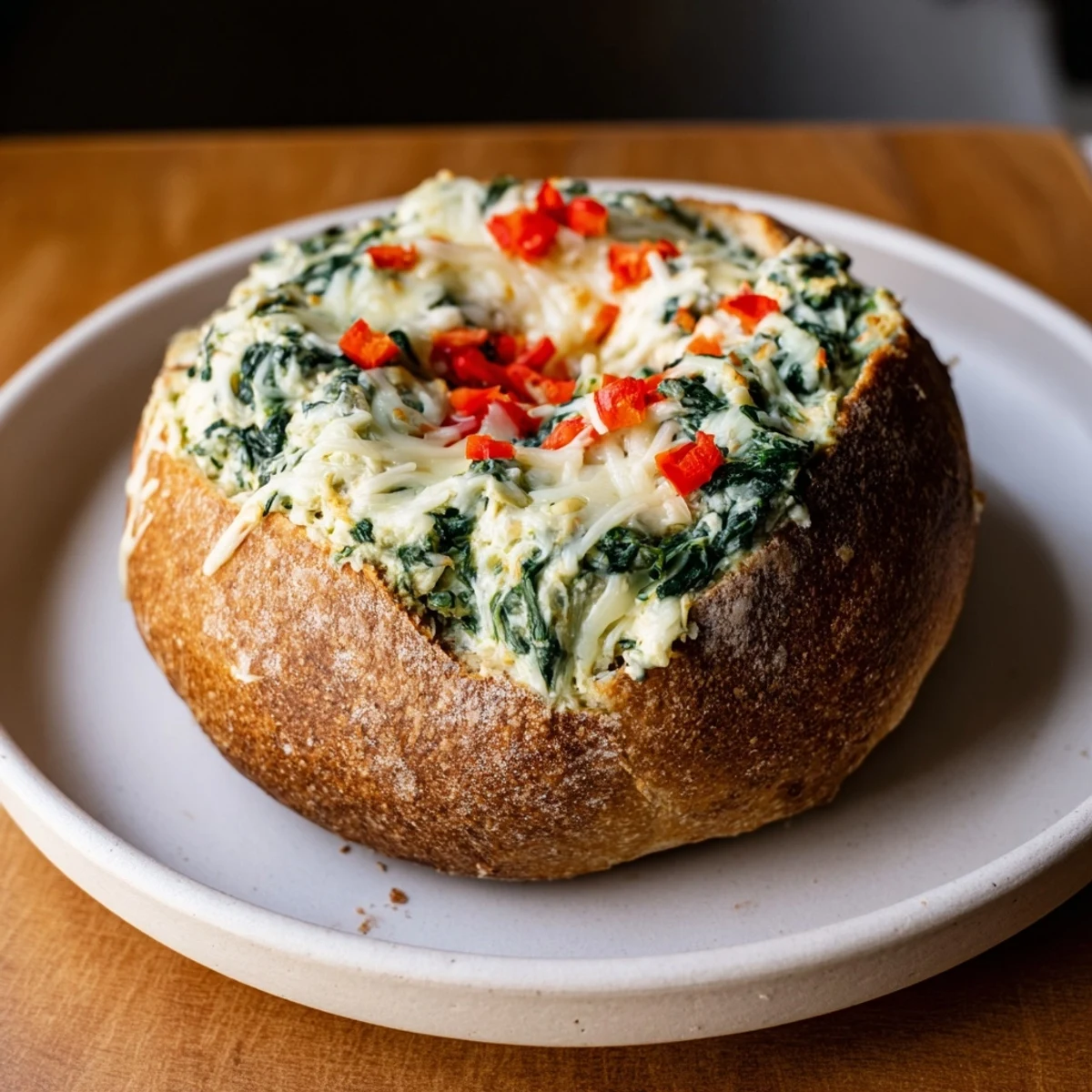 A close-up of cheesy, creamy Holiday Spinach Dip bubbling after baking, ready to be served.