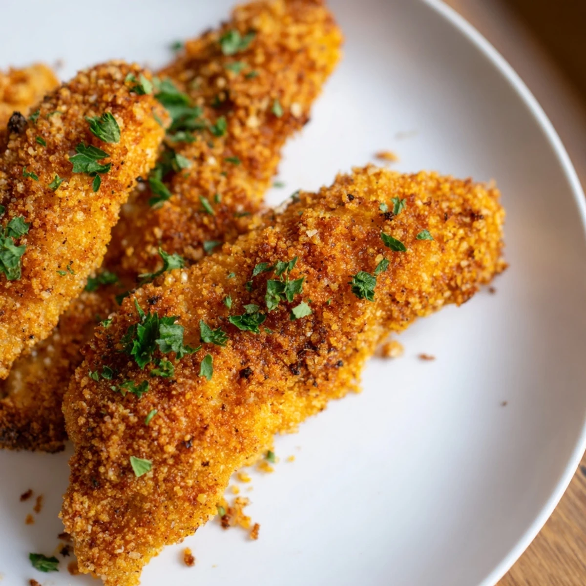 Golden, crispy Air Fryer Festive Chicken Tenders, ready to dip in cranberry sauce or mustard.
