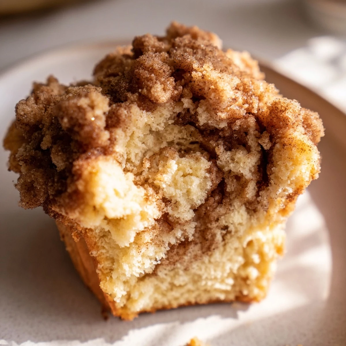 Golden-brown Lightened Christmas Coffee Cake Muffins, baked to perfection with a cinnamon streusel topping, delicious.