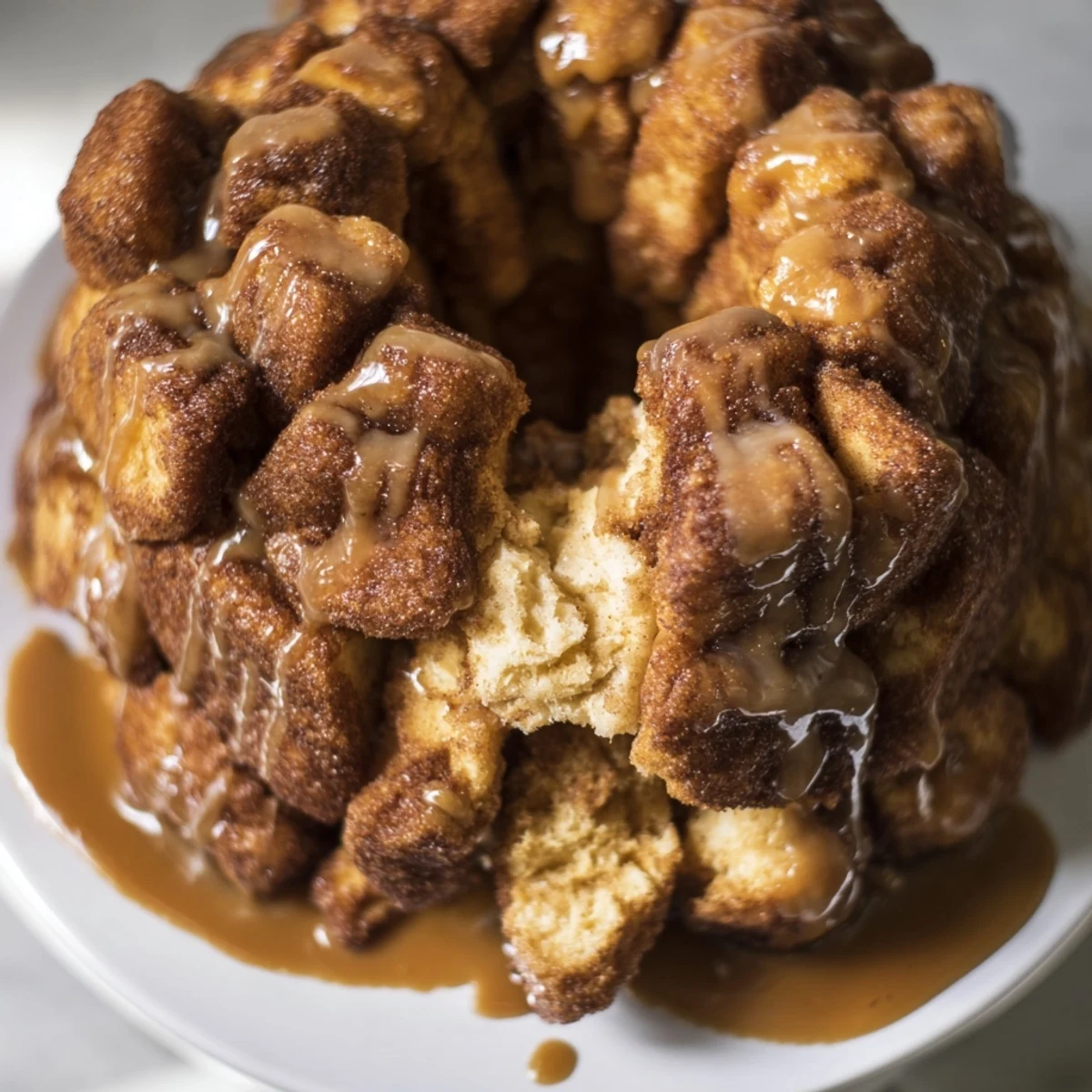 Warm Easy Christmas Morning Monkey Bread, glistening with sugary glaze, ready to pull apart and enjoy.