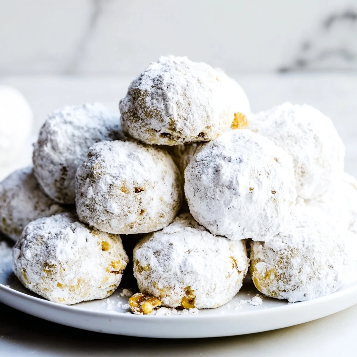 Fluffy Budget-Friendly Snowball Cookies coated in powdered sugar, ready for a delightful, sweet bite.