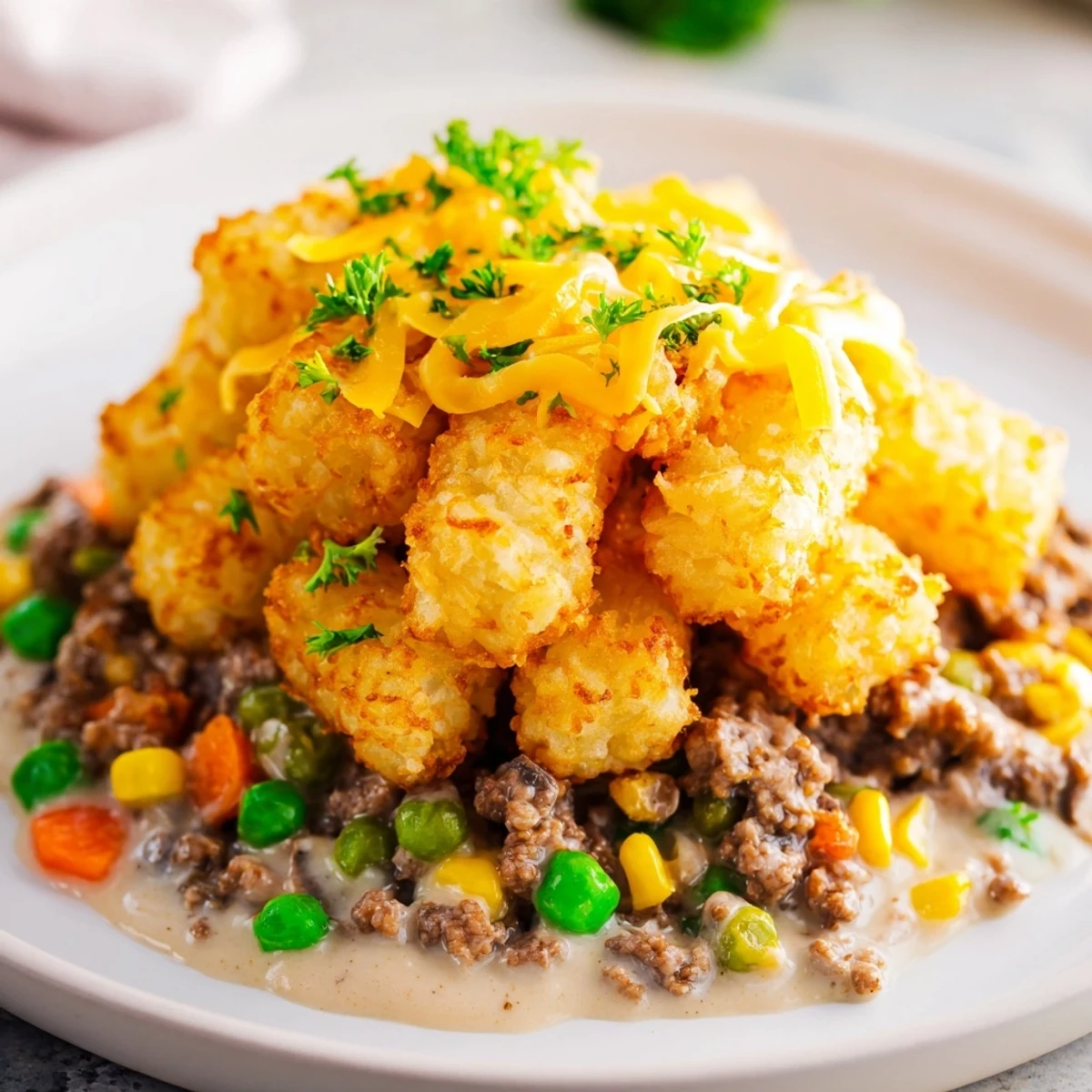 Golden, crispy tater tots crown a hearty Quick Christmas Tater Tot Casserole, bubbling with cheese.
