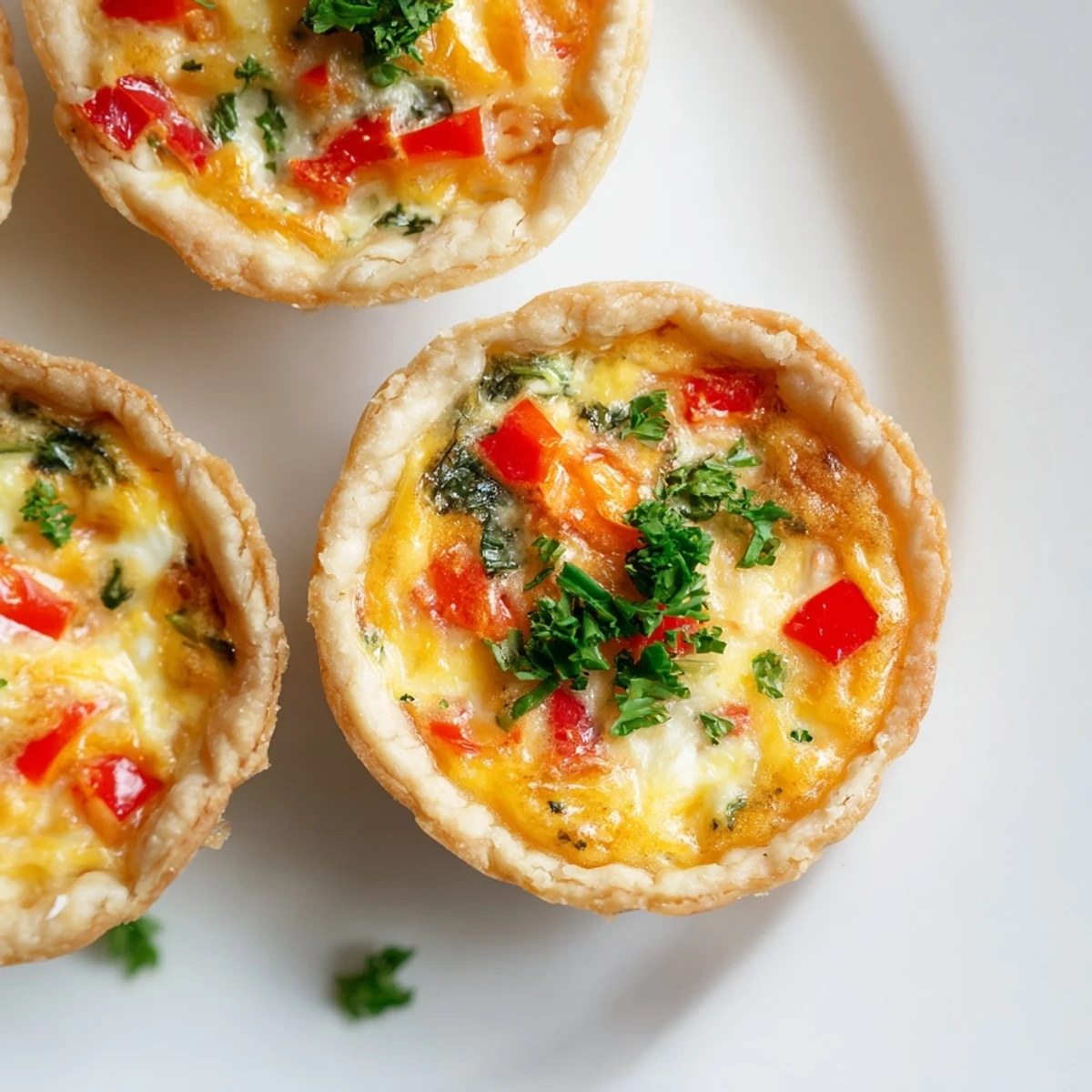Golden brown Easy Festive Mini Quiche Cups, savory and filled with cheese and vegetables.
