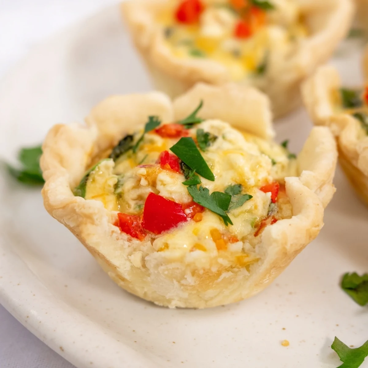 Fluffy baked Easy Festive Mini Quiche Cups, ideal for brunch, with vibrant red pepper visible.
