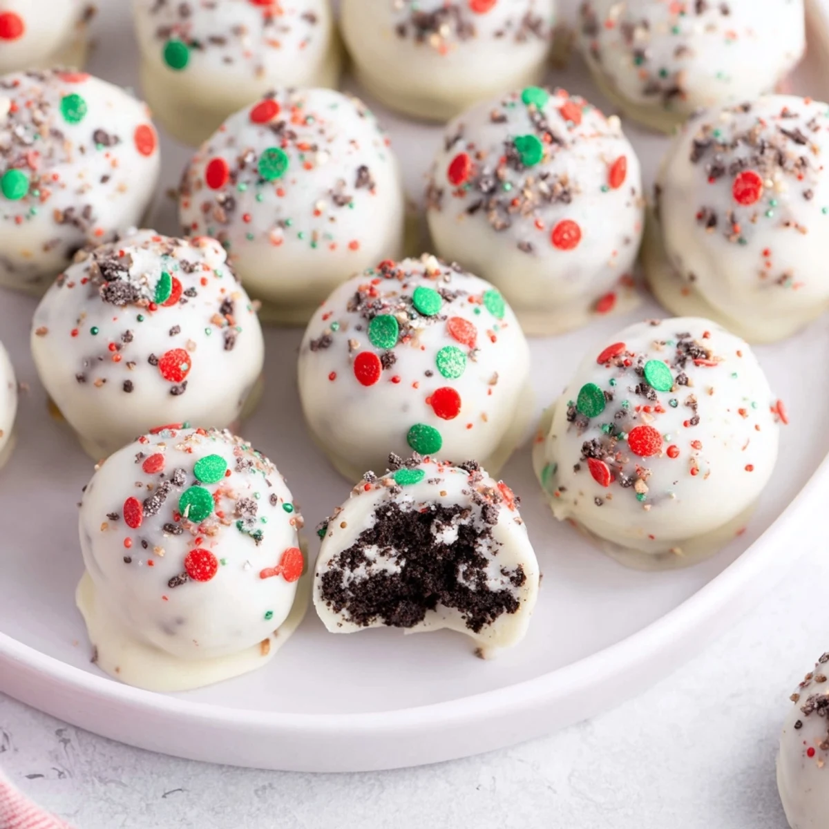 A plate full of decadent Simplified Christmas Oreo Truffles awaiting guests, a sweet ending to your meal.