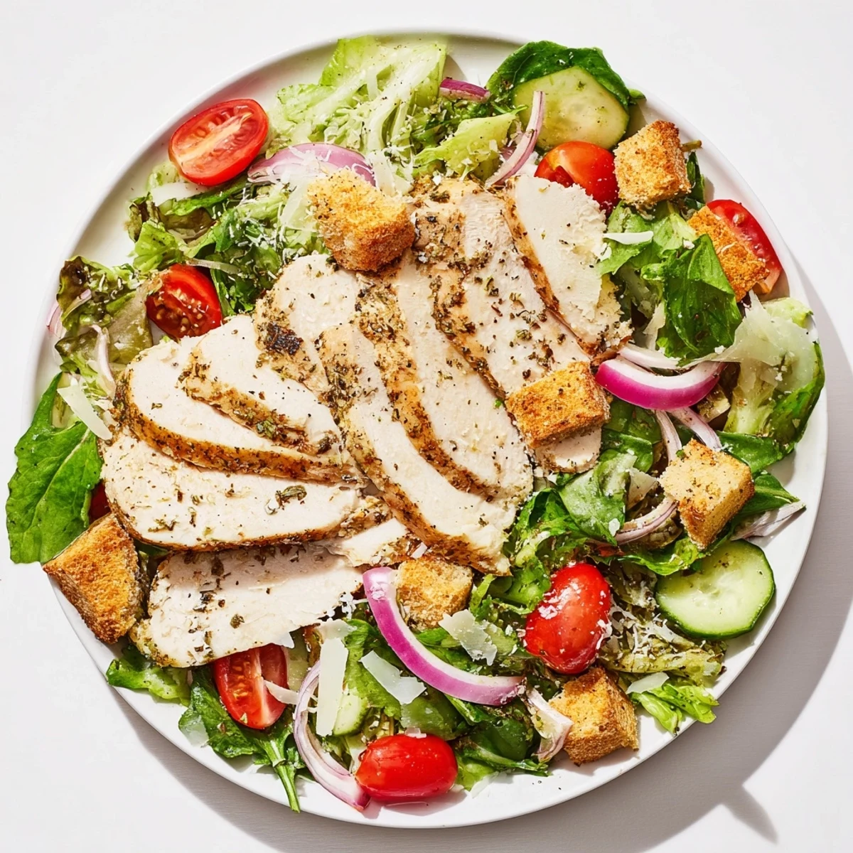 Quick Crunchy Lemon Parmesan Chicken Salad, filled with juicy sliced chicken and vibrant, fresh salad.