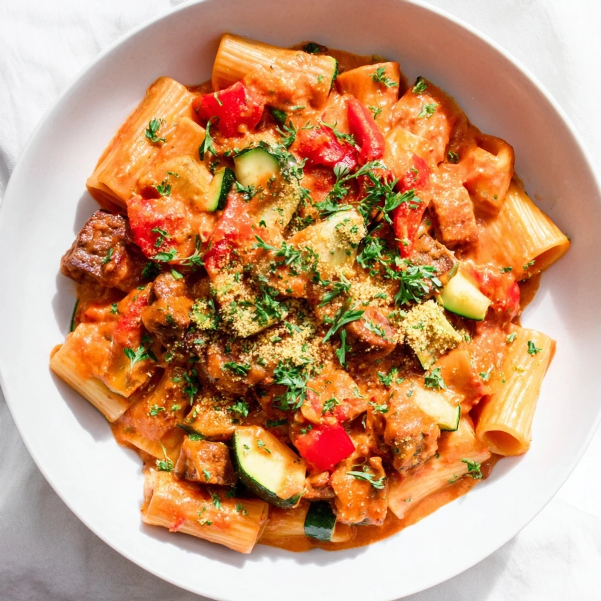 This flavorful Spicy Vegan Chorizo Baked Pasta shows creamy tomato sauce and perfectly browned chorizo.