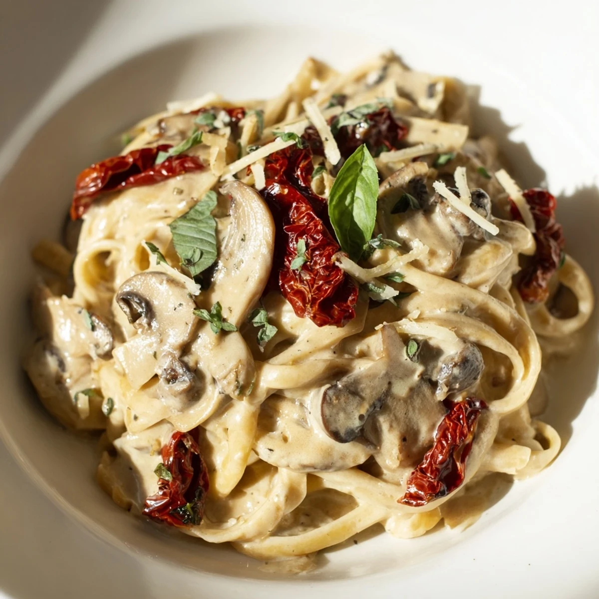 A steaming bowl of Vegan Marry Me Mushroom Pasta, garnished with fresh basil, ready to enjoy.
