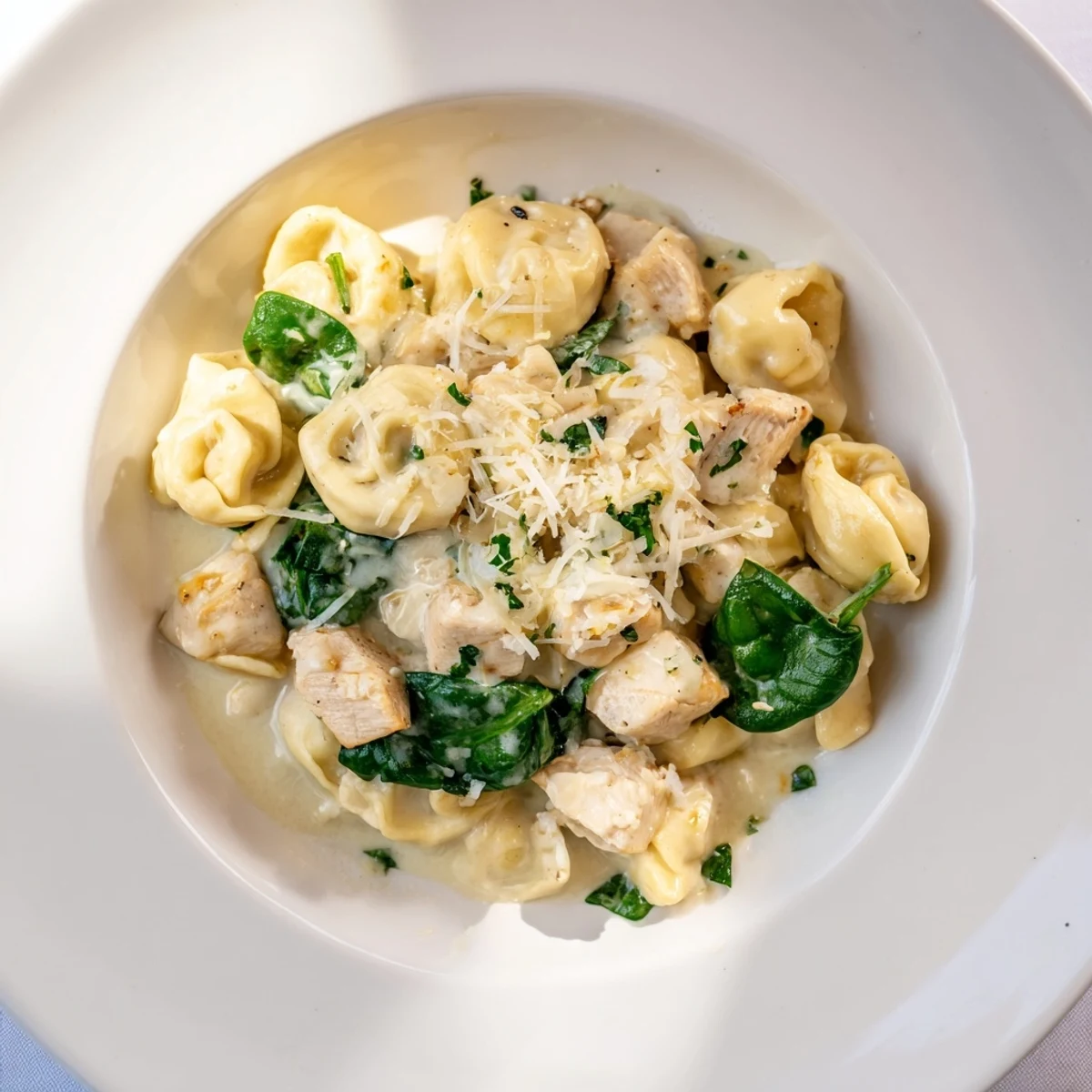 Tender chicken pieces mingle with spinach and tortellini in this delicious creamy Chicken and Spinach Tortellini.