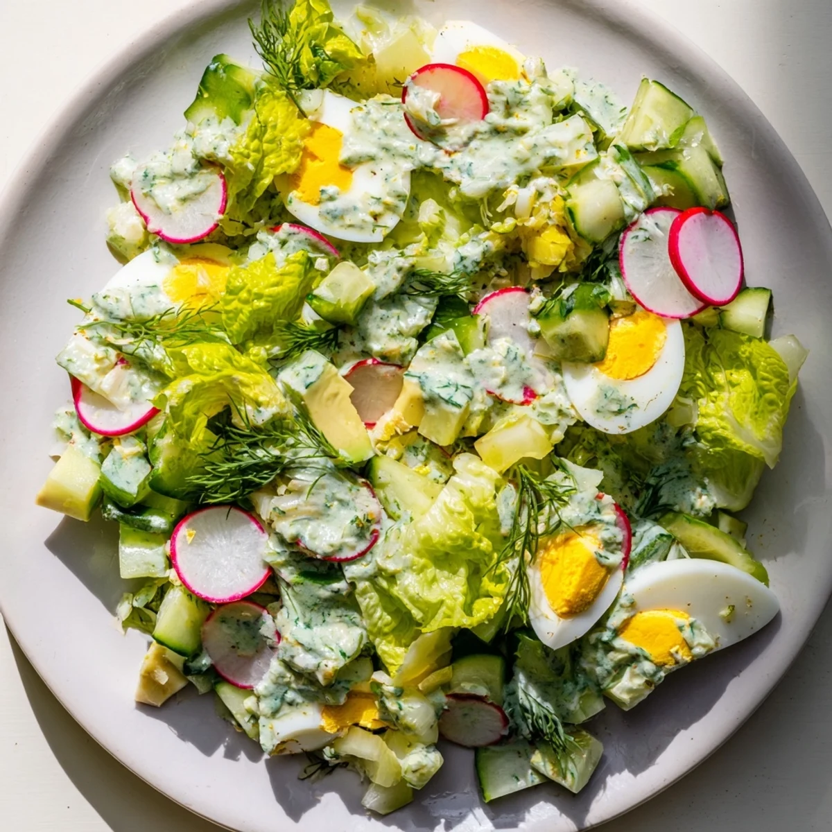 A bright bowl of Green Goddess Chopped Egg Salad, showcasing creamy texture and vibrant green herbs.