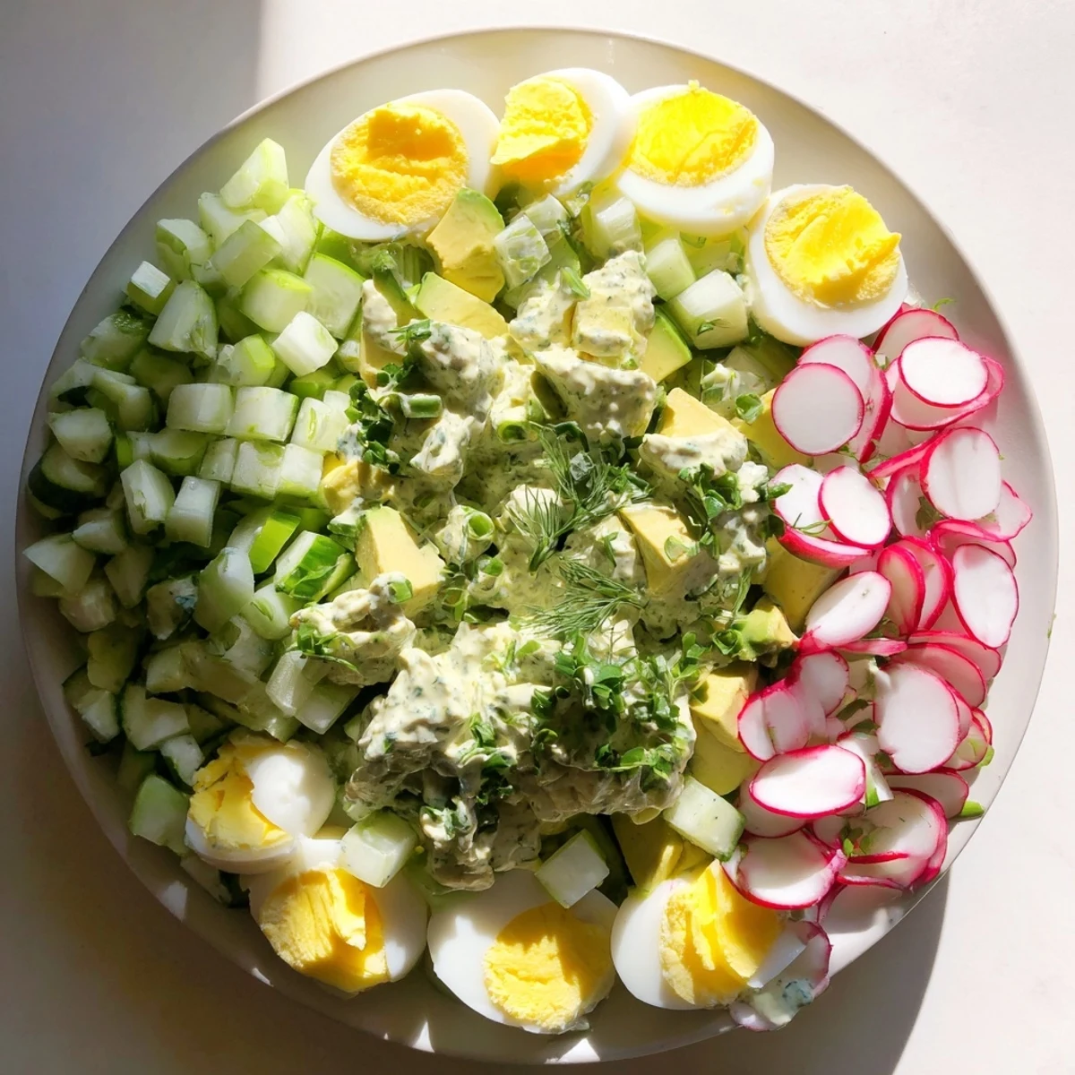 Close-up of Green Goddess Chopped Egg Salad, highlighting fresh radishes and a creamy, flavorful dressing.