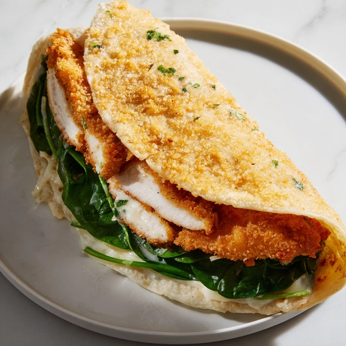 Golden-brown Chicken Piccata Crunch Wrap, a crispy delight filled with tangy chicken and fresh spinach.