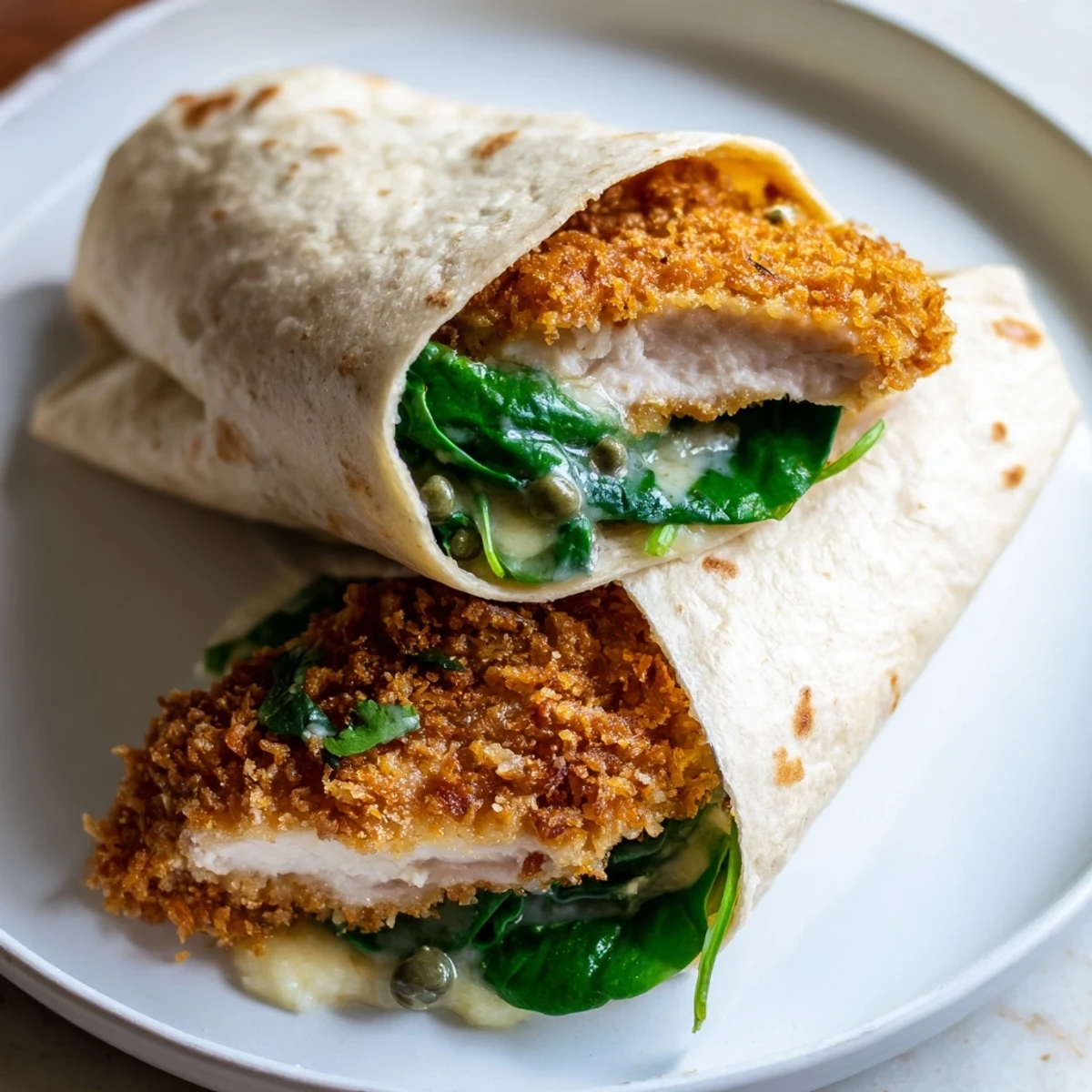 Close your eyes and taste the fusion of this crunchy Chicken Piccata Crunch Wrap with melted mozzarella and fresh flavors.
