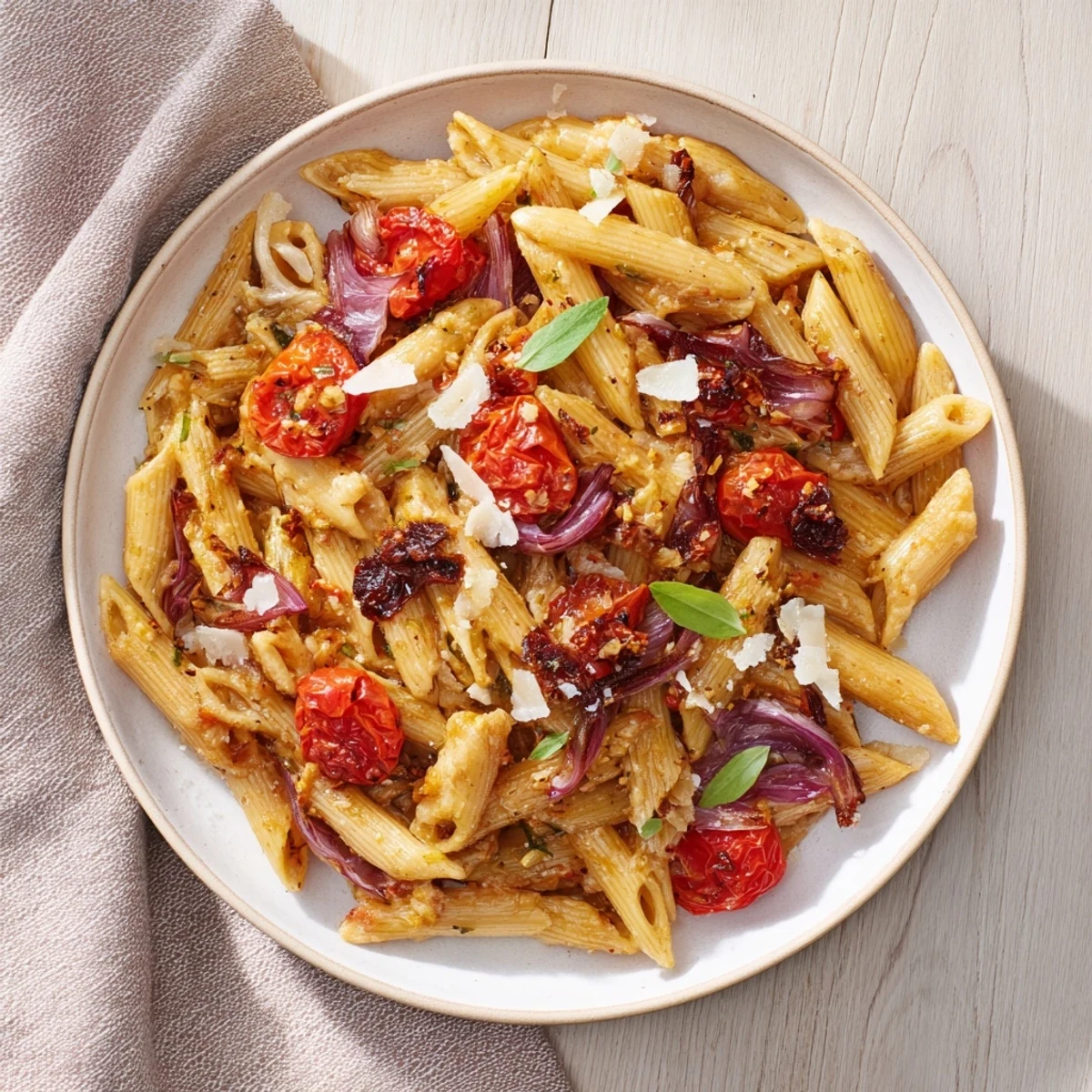 Baked Tomato & Olive Oil Pasta bubbling in a baking dish, a quick and delicious Italian meal.