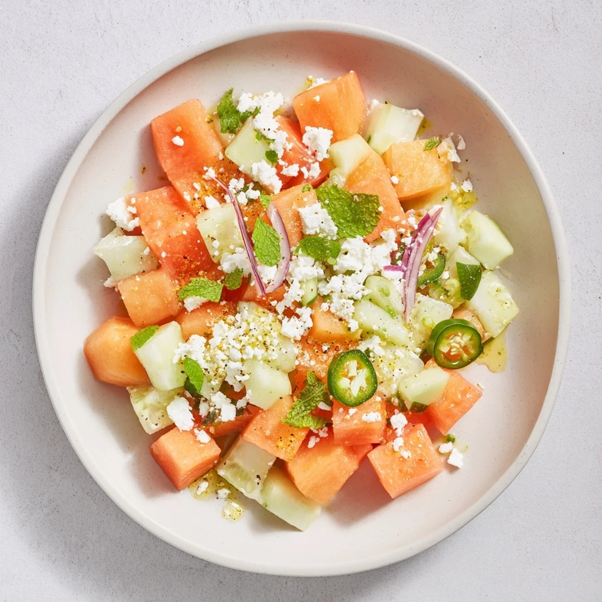 Bright, colorful Cucumber and Watermelon Hot Girl Salad with feta, mint, and a chili-lime dressing.